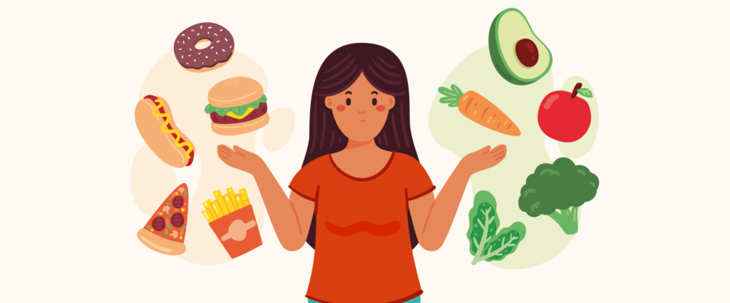 A imagem mostra uma pessoa com alimentos saudáveis do lado direito e alimentos ricos em gordura do lado esquerdo